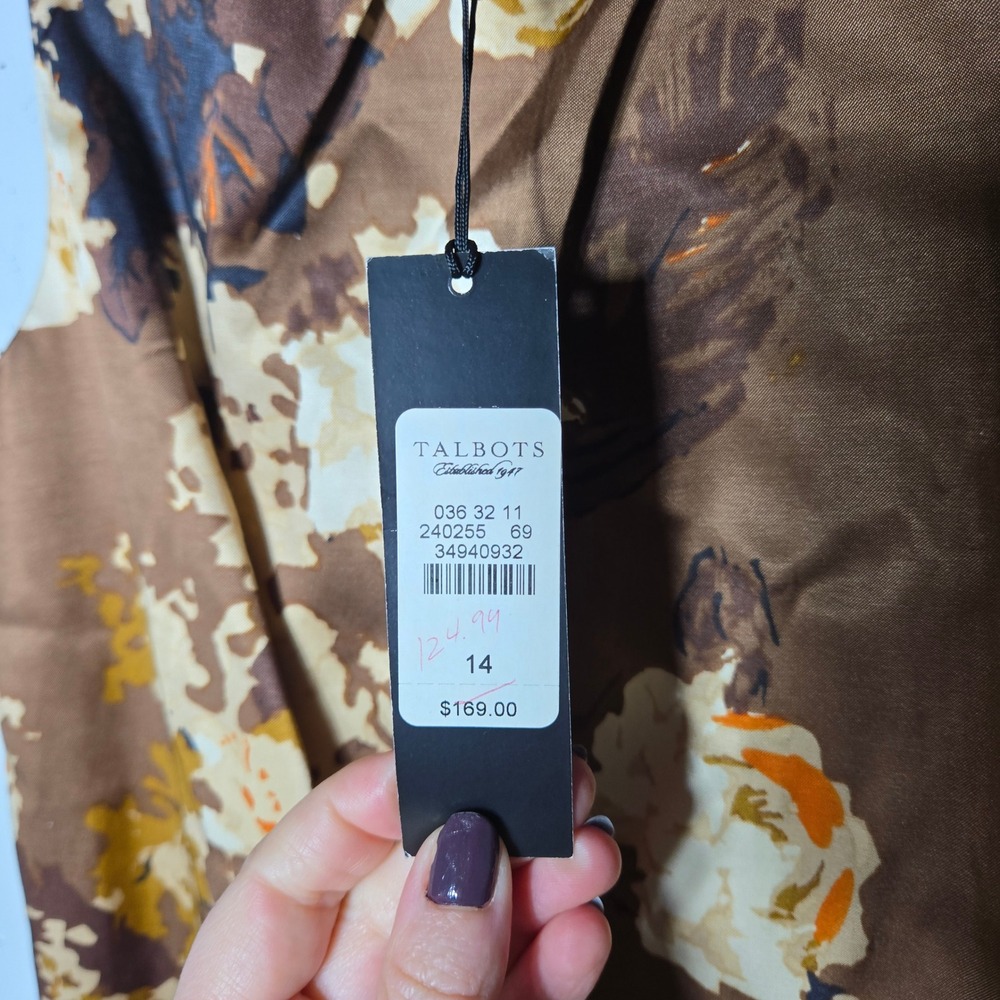 Talbots Brown Floral Satin Sheath Midi Dress Size 14 NWT Cocktail Classic Modest - Picture 5 of 9